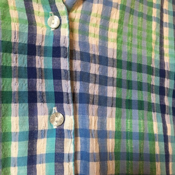Vintage Alia Plaid Seersucker Green & Blue Picnic Button Down Shirt - Picture 9 of 16
